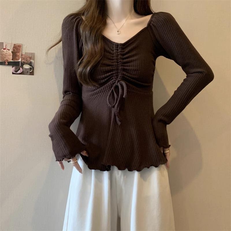 

Базовая футболка большого размера с уникальными завязками для осени и зимы, сексуальный облегающий крой и топ с V-образным вырезом S