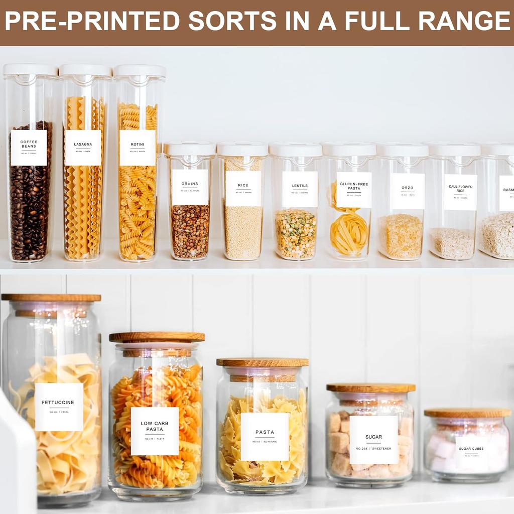 308 Kitchen Pantry Labels for Food Containers, 3 Sizes White Minimalist Labels for Organizing, Food Label for Jars, Storage Bins, Preprinted