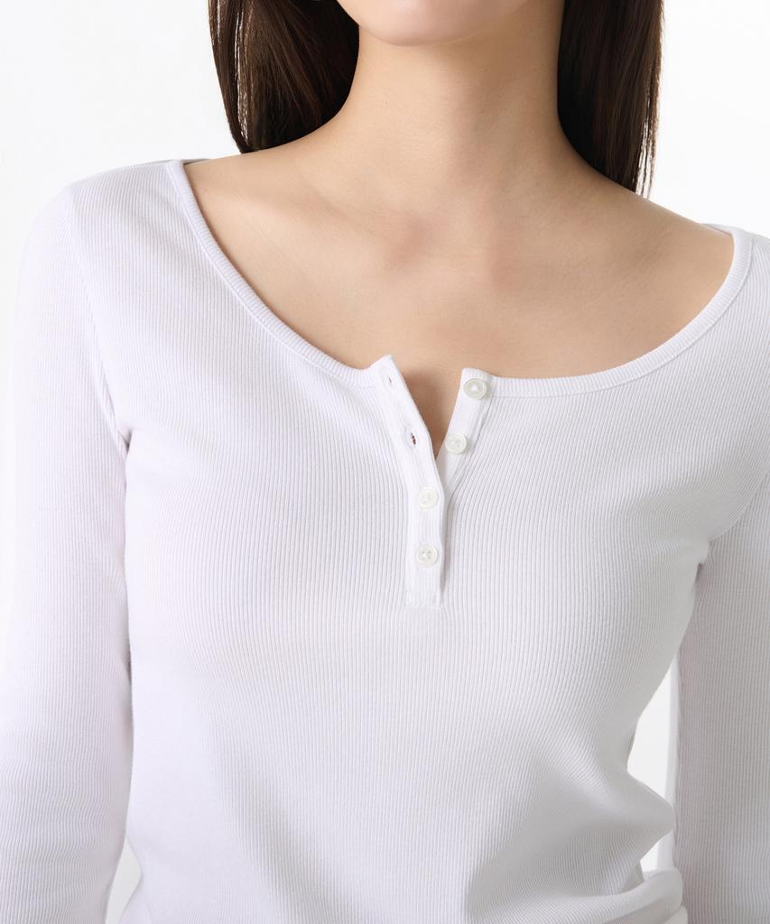 MUSINSA STANDARD WOMAN Women'S Ribbed Slim Wide Henley Neck Long Sleeve T-Shirt [White]