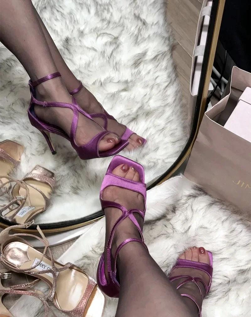 Fashion Luxury Satin Designer Women Pumps Sexy Cross Strap Square Toe Heeled Sandals Elegant Purple Thin High Heels Party Dress Shoes