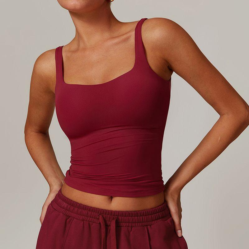 

With Chest Pad Sports Vest Women Outer Wear Summer European and American Fitness Underwear Quick-Drying Nude Feel Bra Tight Yoga Clothes Top Cherry Red M