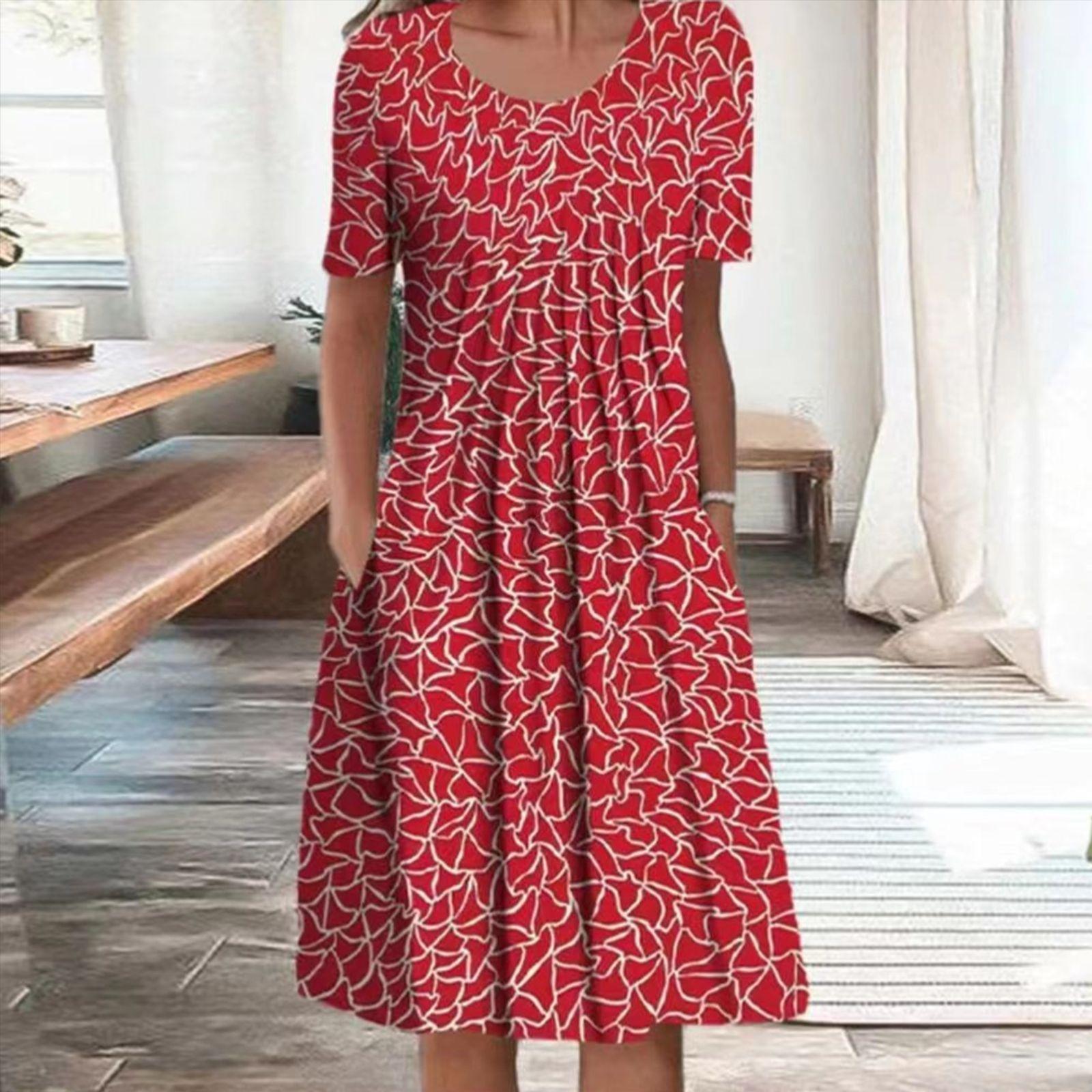 

VEZFAA Женская мода Лето Весна Цветочный узор Принт Короткий рукав V-образный вырез Средняя талия Повседневные платья XXXXXL белый/красный