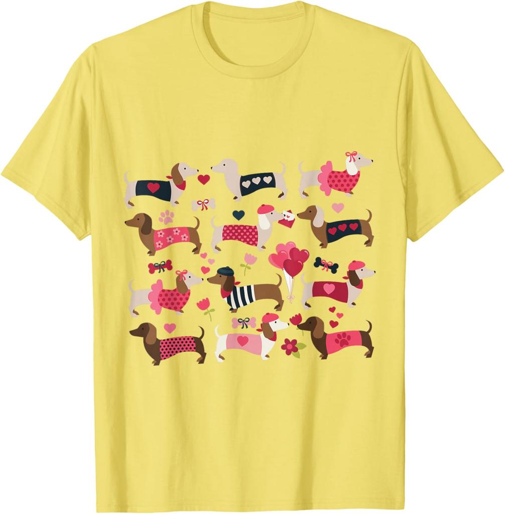 Dachshund Weiner Dog Valentine Heart Print Graphic T-Shirt Casual Daily Crewneck Tee
