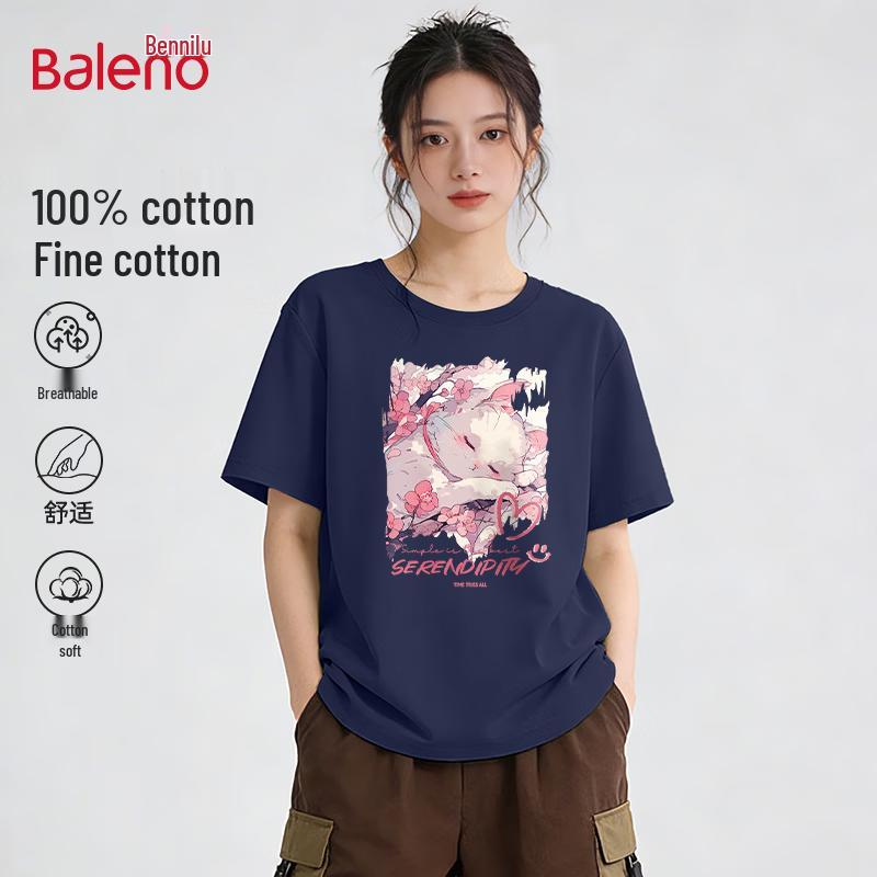 Baleno Women s Pure Cotton Sakura Cat Graphic T-Shirt L