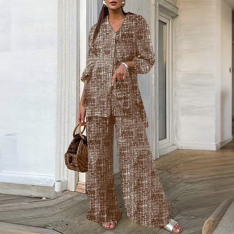 ZANZEA Women Long Sleeve Blouse and Pants Retro Print Casual Two Piece Suit Sets