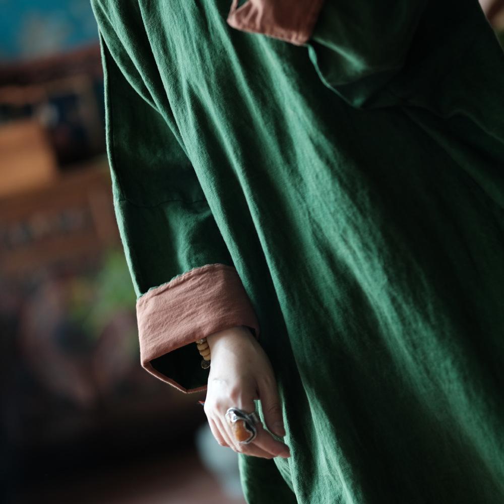 Johnature Frauen Vintage Kleider Stehen Langarm Einfarbig Taste Tücher Herbst A-linie Kleid