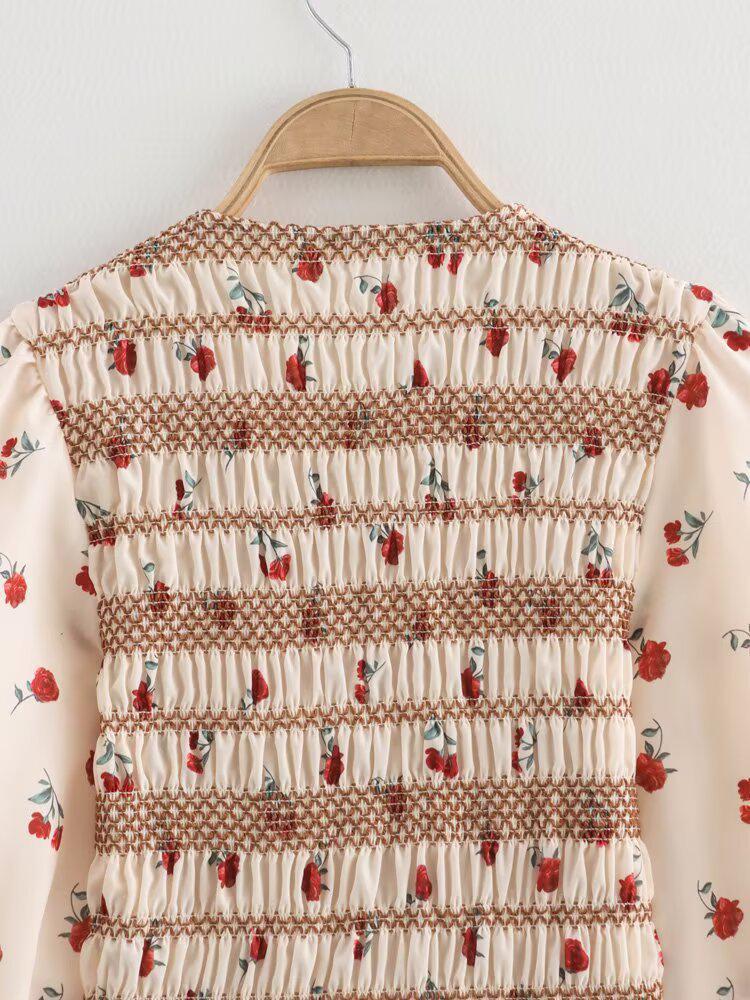 2025 Spring Women's European & American Floral Long Sleeve Round Neck Pleated Shirt