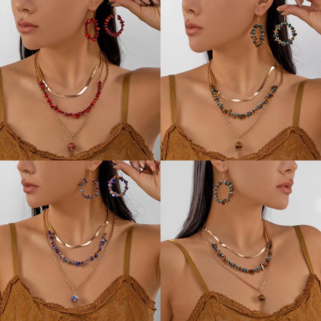 Vintage Style Crushed Stone Plated Locking Necklace And Earrings Set For Female Fashion Enthusiasts