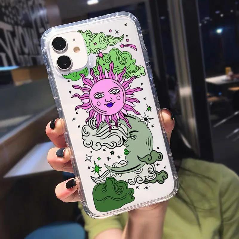 JAMULAR Fashion Art Sun Moon Clear Phone Case For iPhone 13 12 11 14 15 Pro XS MAX SE 7 XR Plus Shockproof Soft TPU Cover Coque