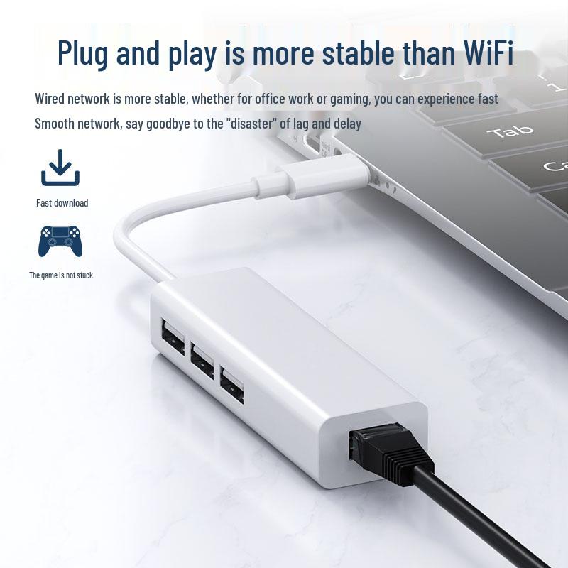 RJ45 Type-C To Ethernet USB 2.0 Hub, Driver-Free 100 Mbps Network Card Converter.
