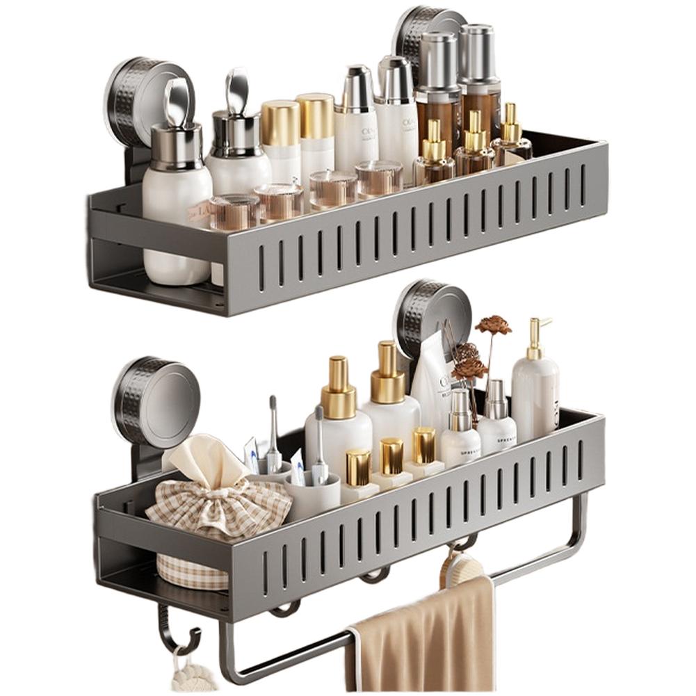 Multi Tier Suction Cup Shower Shelf with Hooks and Towel Rack for Efficient Bathroom Storage Rust Resistant Finish