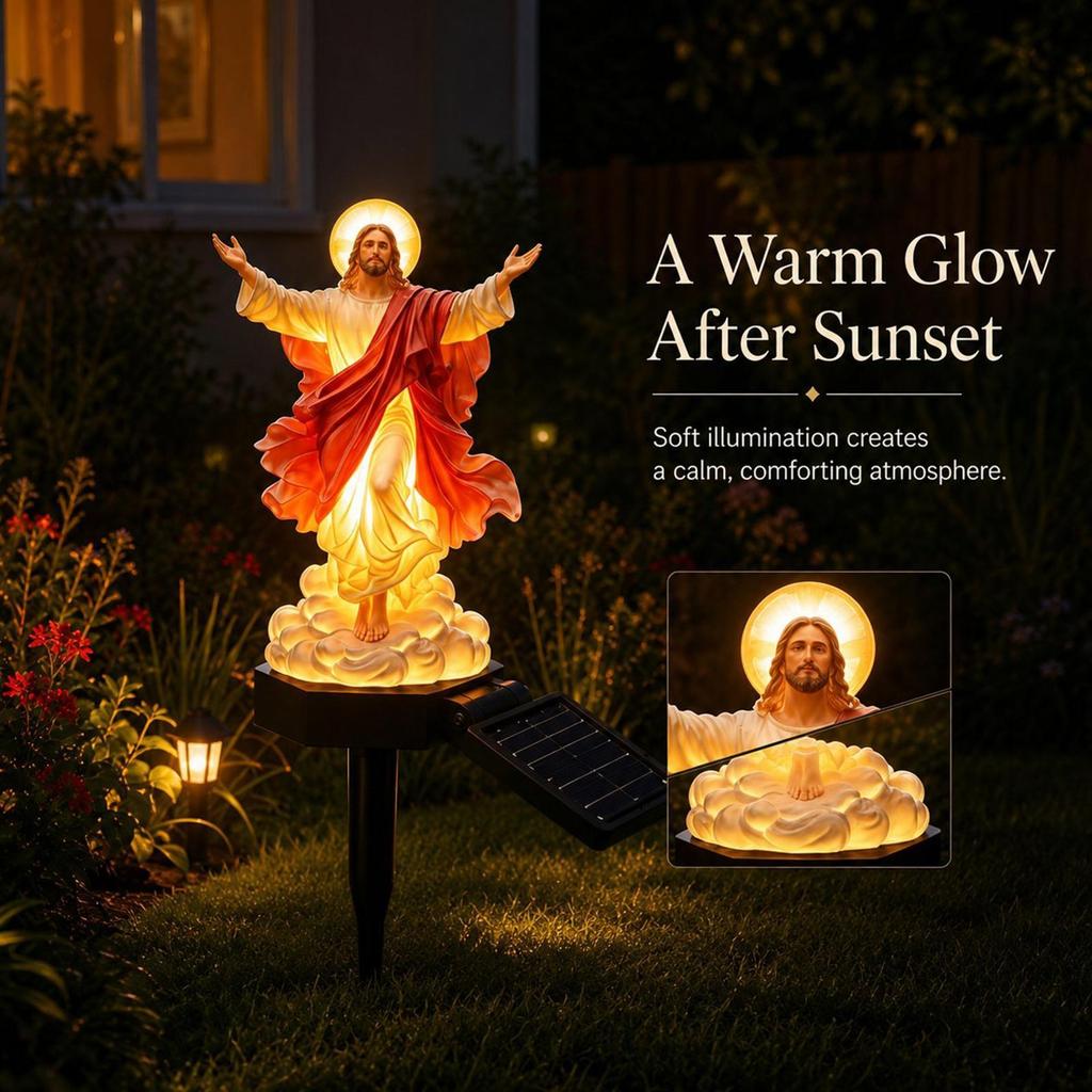 Solar Jesus Statue Resin LED Waterproof Sculpture with Stake Resin Christian Figurine with LED Light for Yard Patio Deck Porch