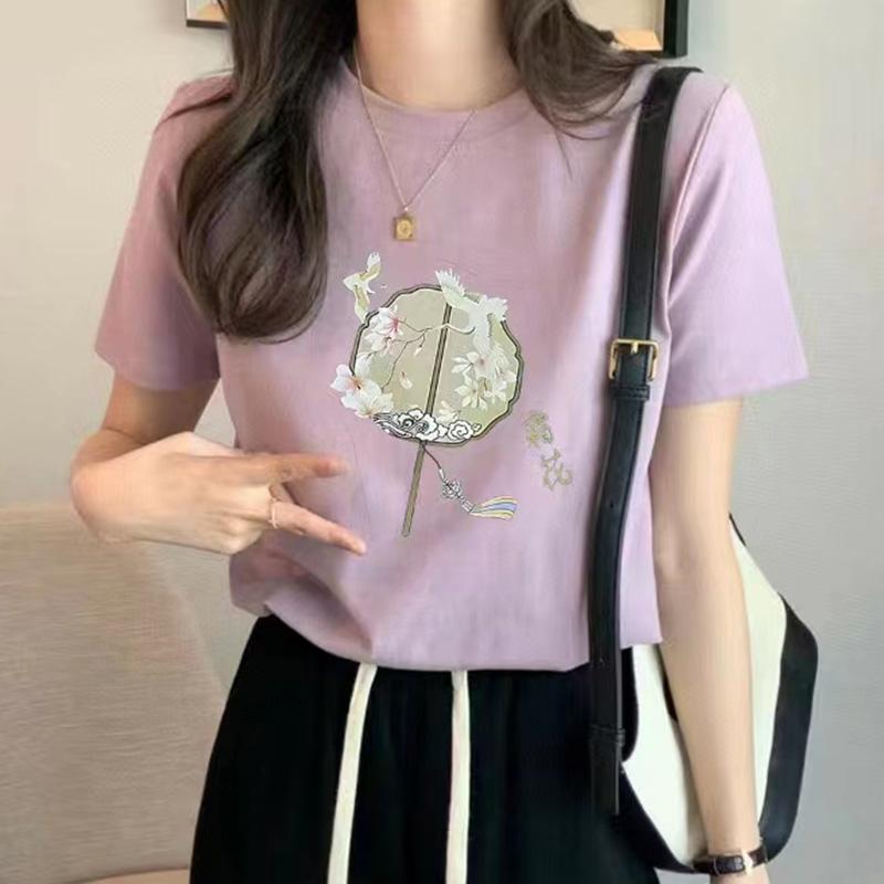 

Літня бавовняна жіноча футболка з круглим вирізом і короткими рукавами. Нова футболка з модним принтом 5L фіолетовий