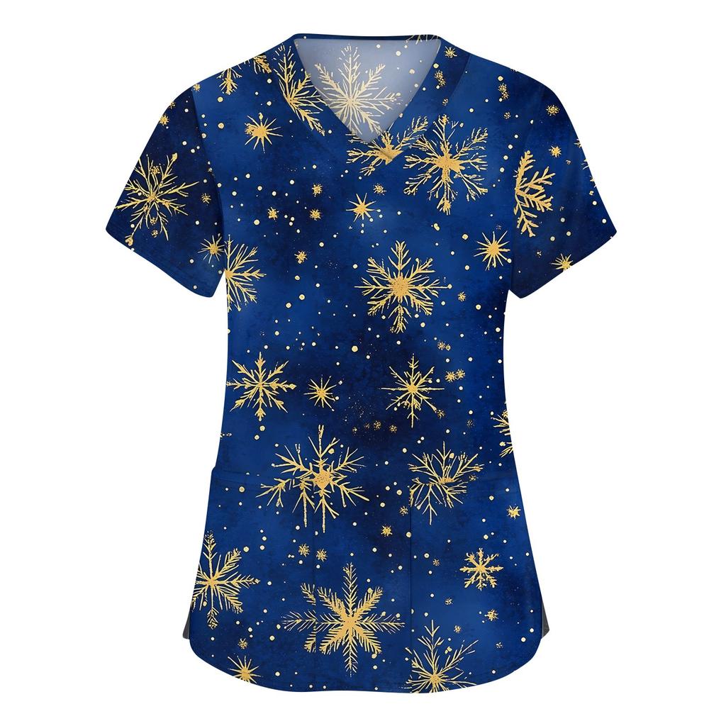 Women's Fashion V-neck Short Sleeve Workwear With Pockets Christmas Printed Tops