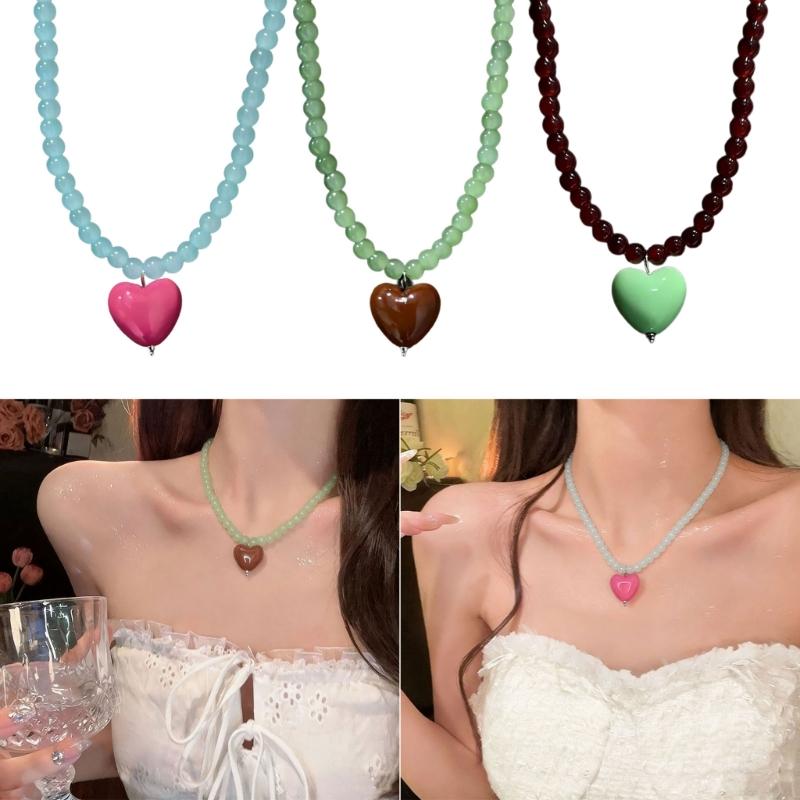 Adorable Heart Shaped Pendant Necklace Beaded Clavicle Chain With 6mm Glass Beads Ideal For Casual Or Party