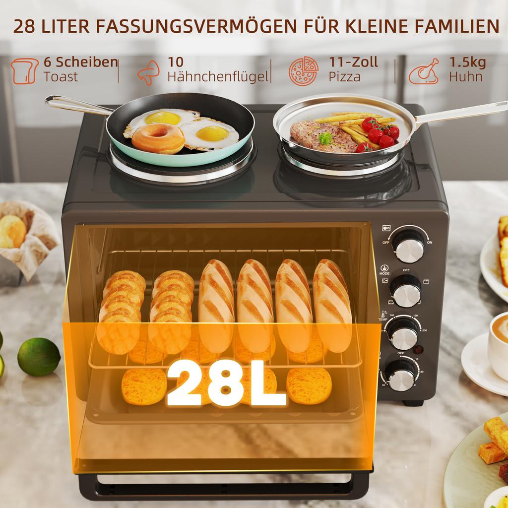28 L Toaster Oven, Compact Oven for Cooking and Grilling, Electric Oven with Baking Tray, Grill Rack, 2600W, Black