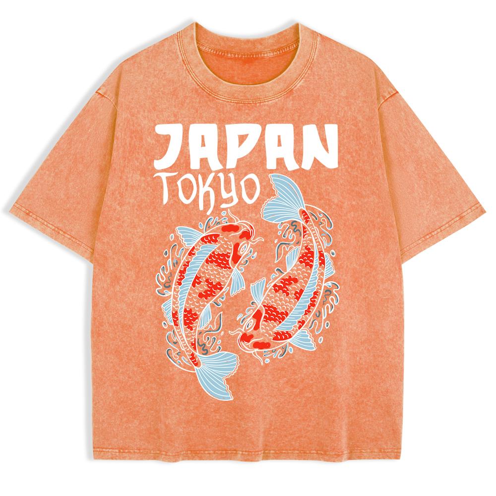 Japanese Koi Harajuku Printed Washed T-Shirts Mens Cotton Short Sleeve Tops Summer O-Neck Oversized T Shirt Clothes
