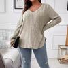 Top informal de punto acanalado vertical de manga larga con cuello en V para mujer, holgado, talla grande