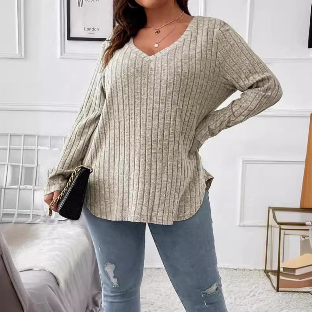 Top informal de punto acanalado vertical de manga larga con cuello en V para mujer, holgado, talla grande