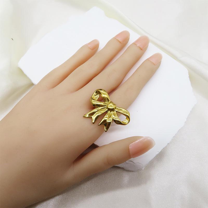18k Gold Stainless Steel Bow Pendant Necklace with Earrings & Adjustable Ring Set