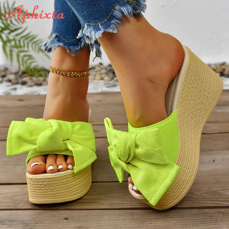 Fashion Aphixta Super High Heels Outside Slippers Women Sweet Butterfly Knot Mulers 4cm Platform Sandals Fluorescent Slides Plus Size 43