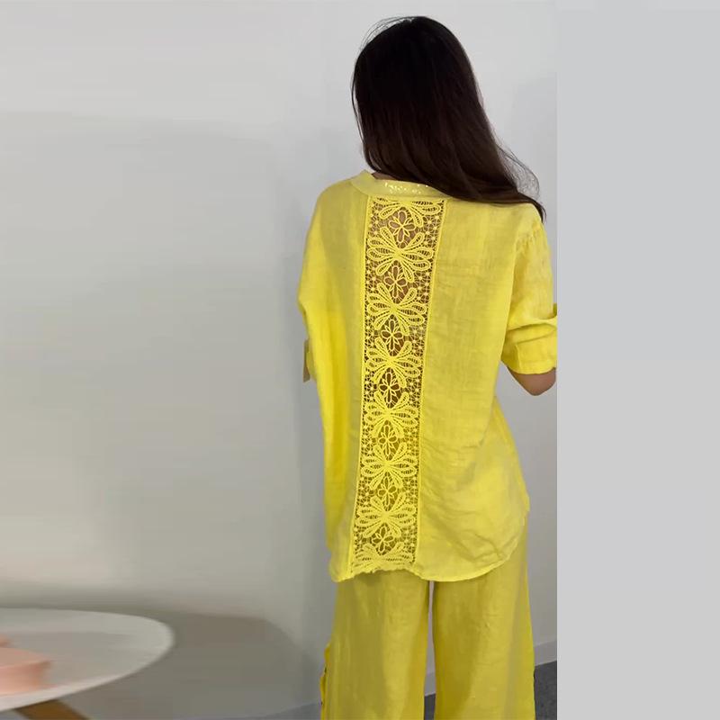 2024 Autumn Women’s Solid Color Fashion Hollow-Out Loose Shirt & Casual Long Pants Set