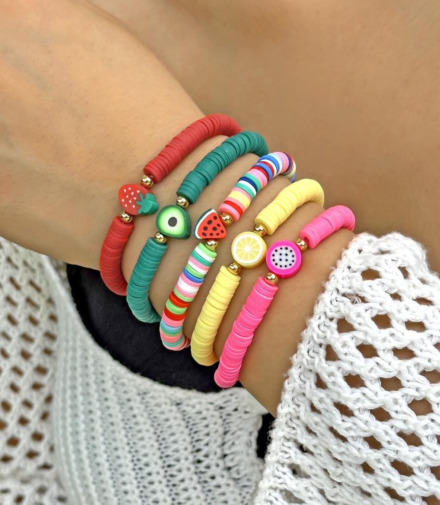 Bohemian Cute Sweet Fruit Charm Bracelets For Women Watermelon Strawberry Lemon Soft Clay Pottery Beaded Bangles Party Jewelry