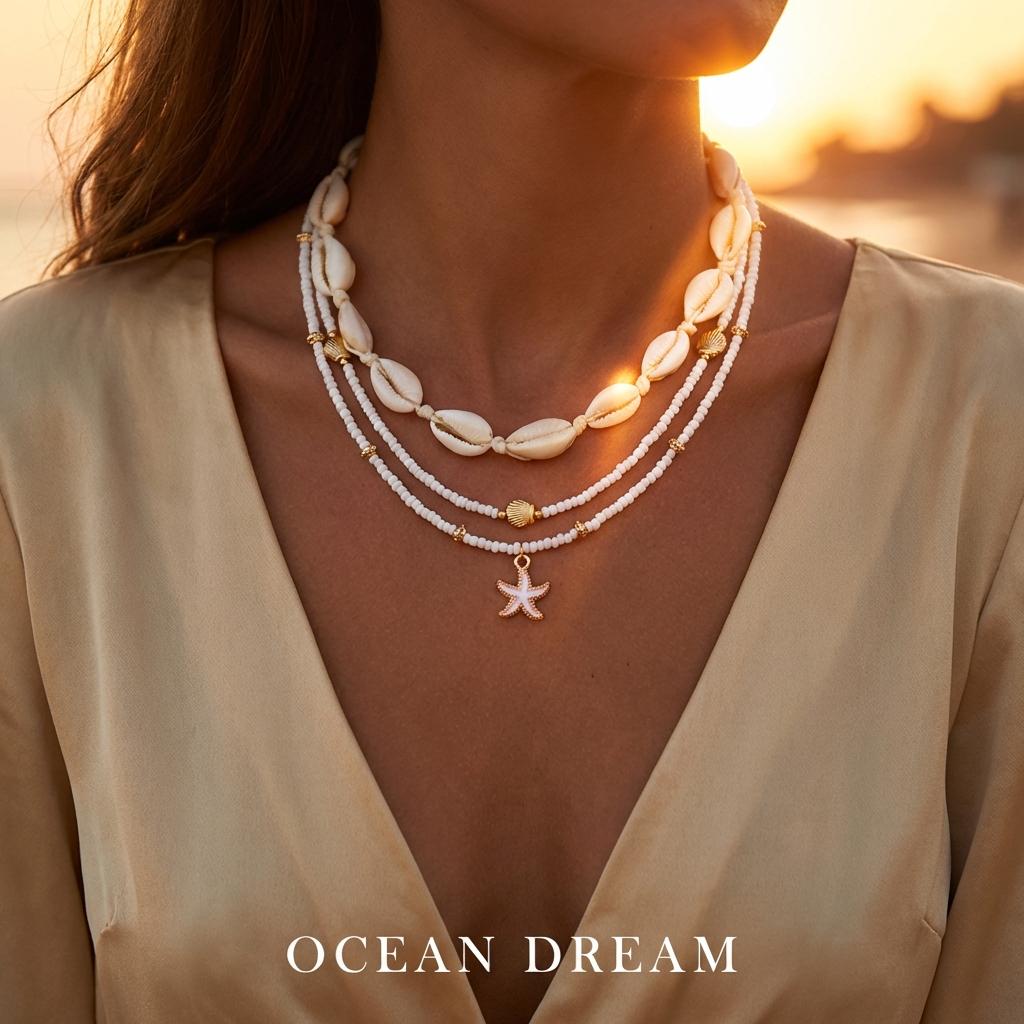 Bohemian Multilayer Starfish Sea Shell Necklace For Women Fashion Imitation Pearl Rice Beads Chain Choker Summer Beach Jewelry