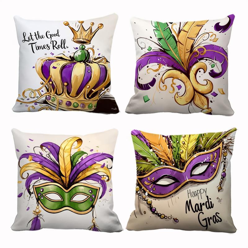 Vikama 4-Piece Printed Cushion Cover Set, Carnival Theme For Living Room & Bedroom, Featuring Masks, Crowns, And Iris Designs