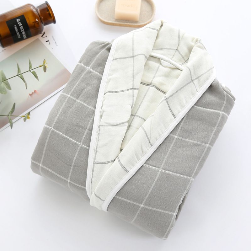 Cotton Absorbent Bathrobe Pajamas Men's and Women's Couple Nightgown Soft Plaid Men's Pure Cotton Pajamas Homewear Women's
