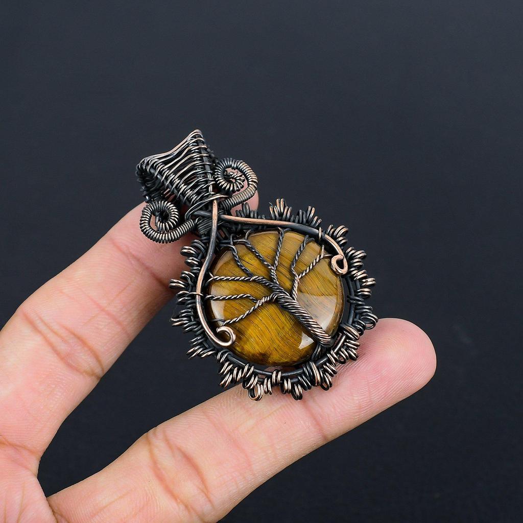 Tiger's Eye 999 Copper Wire Wrapped Pendant, Handmade Gemstone Pendant, Gift For Mom Antique Jewelry