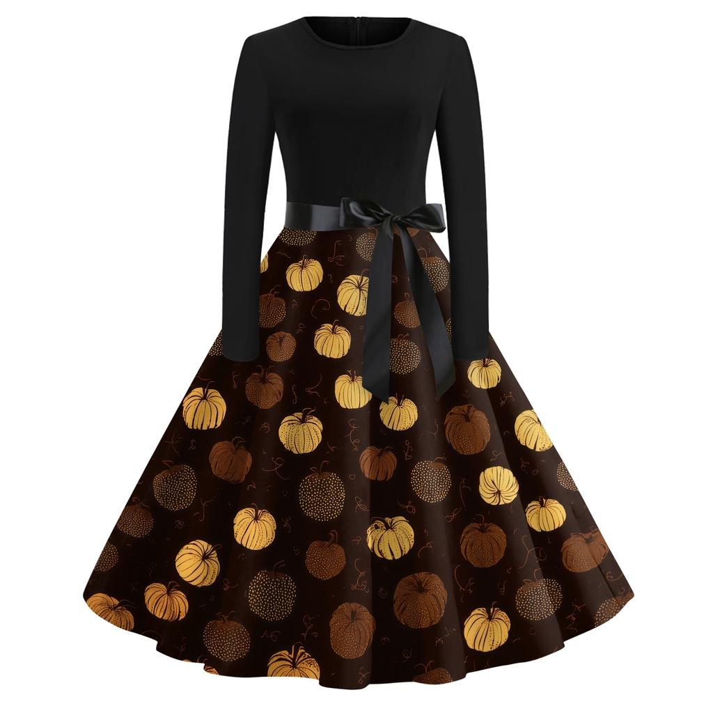 Women's Casual Halloween Print Vintage Round Neck Long Sleeve Dress Retro Fit and Flare Style with Waist Tie and Unique Pumpkin Pattern