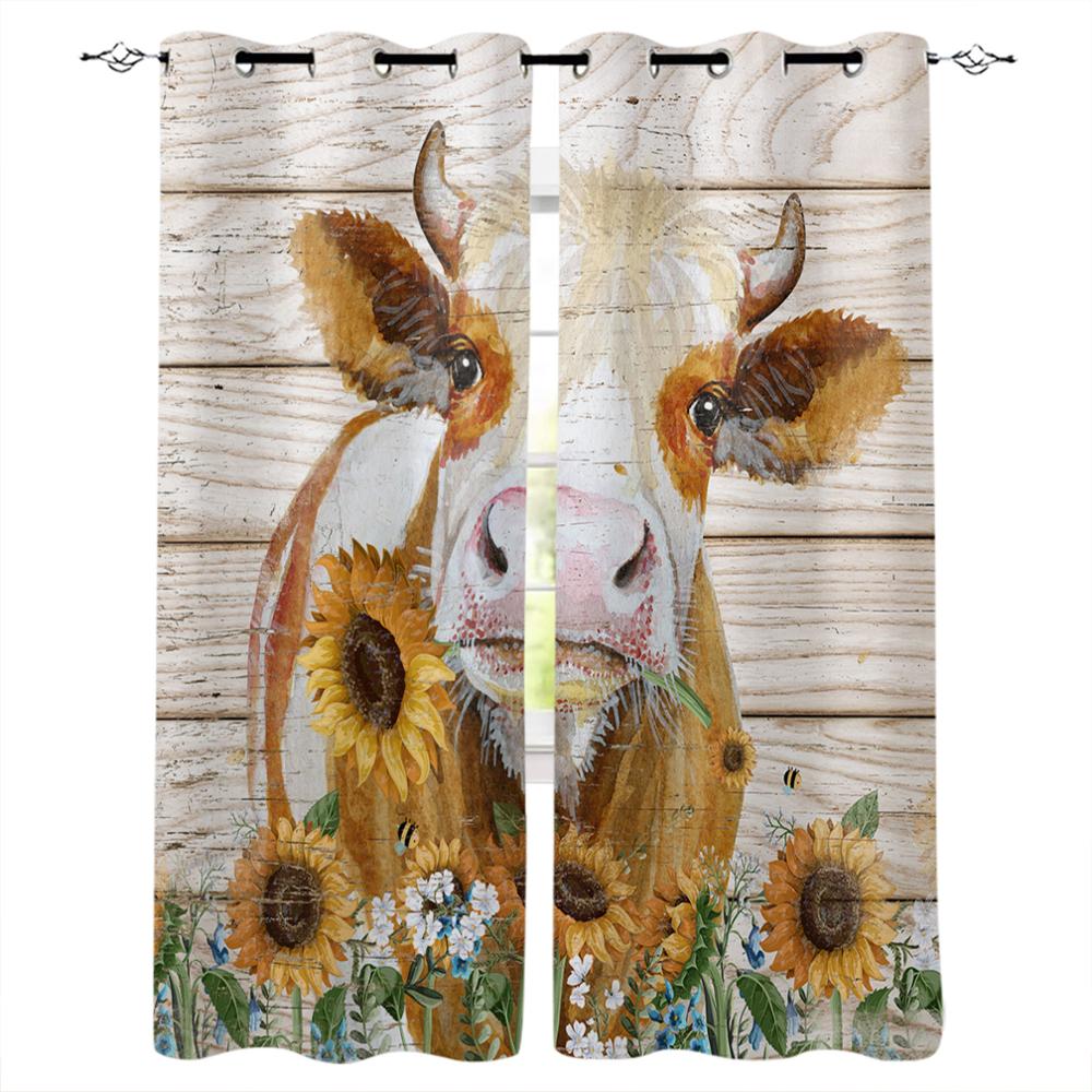 Animal Cow Color Oil Painting Window Curtains Bedroom Kitchen Drapes Panel Curtains for Living Room Christmas Home Decor