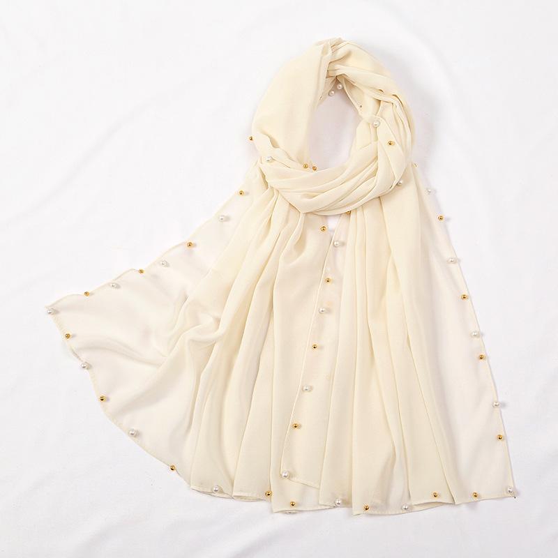 Hot-selling popular chiffon long towel plus small pearl women's gold and silver pearl headscarf