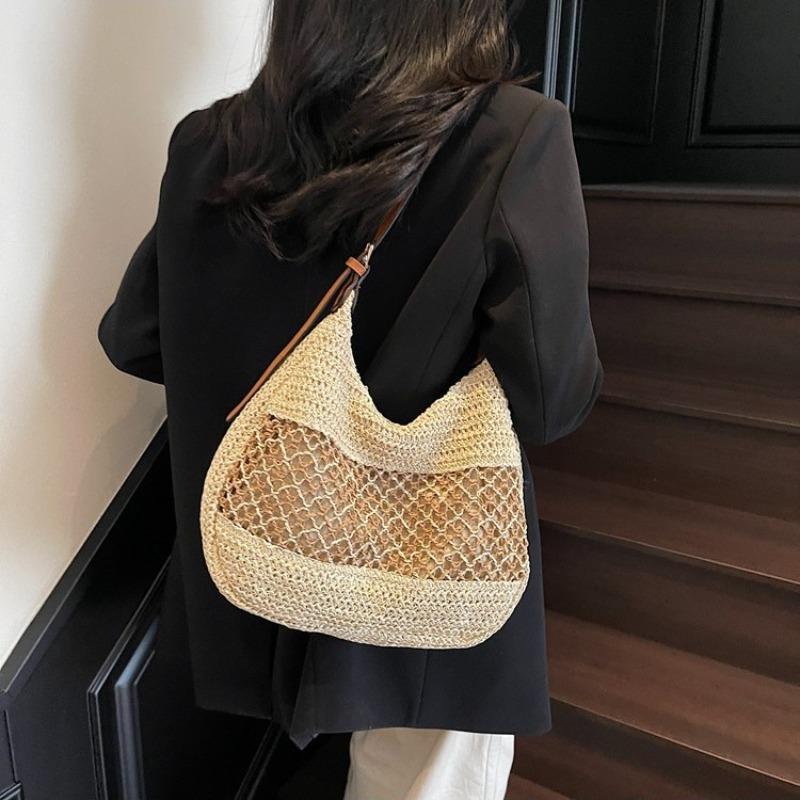 Hollow versatile straw woven bag large capacity zipper woven bag shoulder tote bag seaside vacation beach bag women's bag