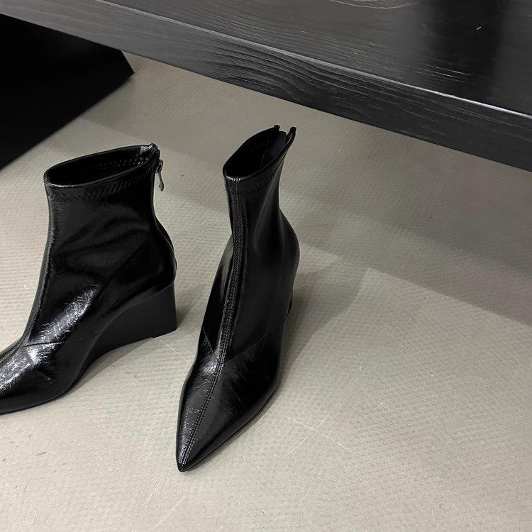 Premium Maillard Brown Pointed Wedge Heel Short Boots Women's High Heel Back Zipper Skinny Boots Autumn and Winter Short Boots