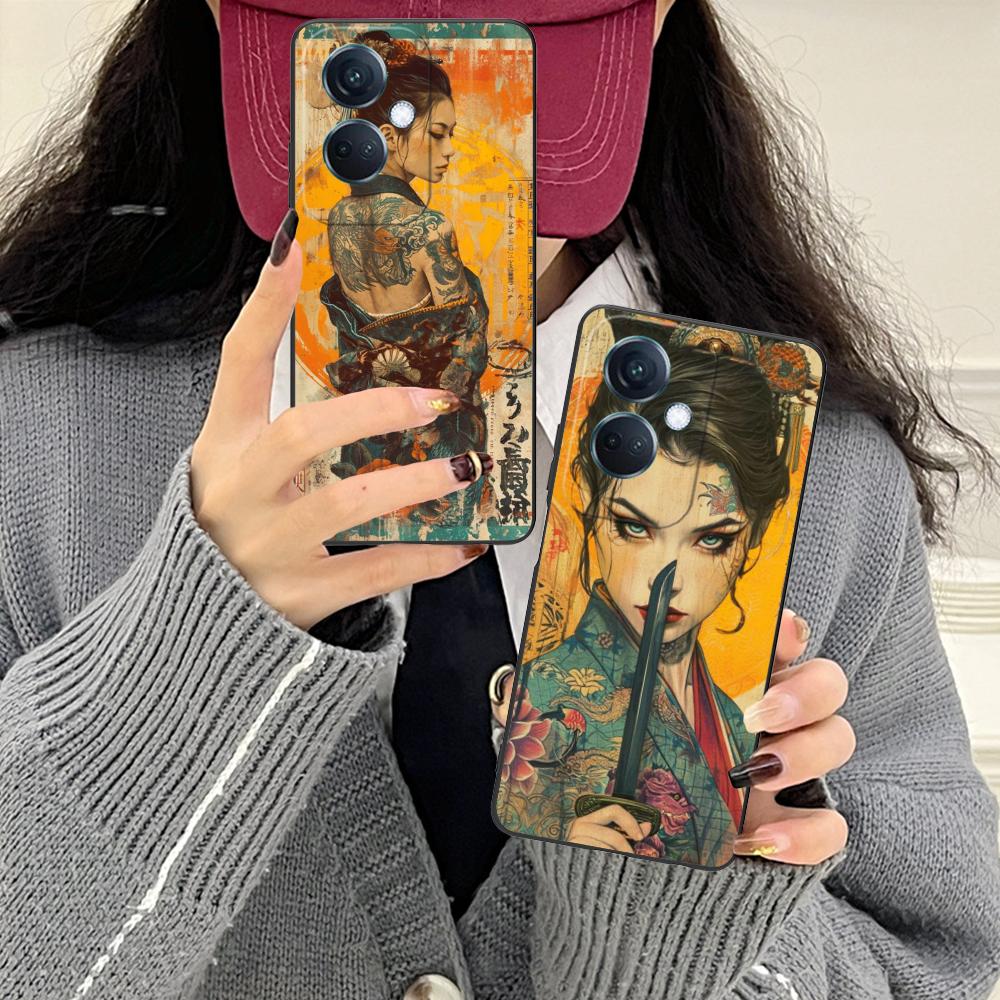 Retro Tattoo Girl Mobile Phone Case for OPPO Reno 14 13 12 11 10 9 8 7 6 5 F T Pro 5G Colorful Printing Cover Cellphones Luxury