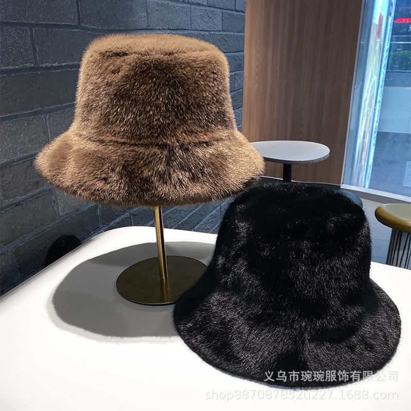 Autumn and winter new solid color bucket hat women's fashion show small face warm fluffy basin hat simple imitation mink bucket hat