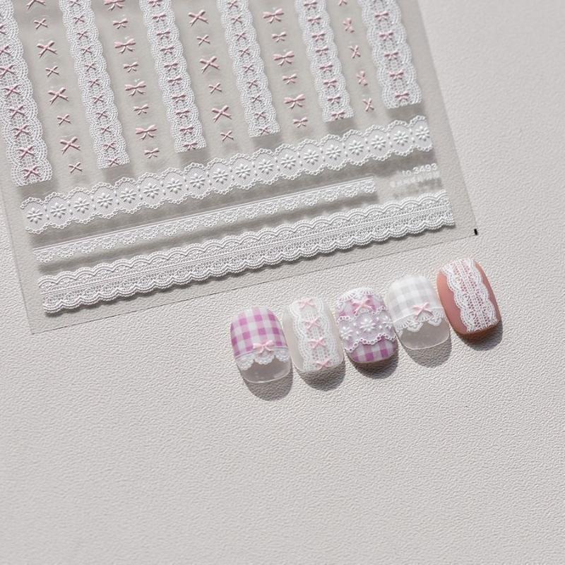 1/3Pcs Bow Lace Nail Stickers With Sweet Hearts Self Adhesive Nail Art Stickers Decals Japanese Winter Knit Lace Decoration