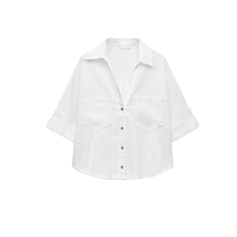 Spring New Women's Clothing Simple Stickers Pocket Decoration Linen Blended V-neck T-shirt Shory Style Shirt Tops 2187572