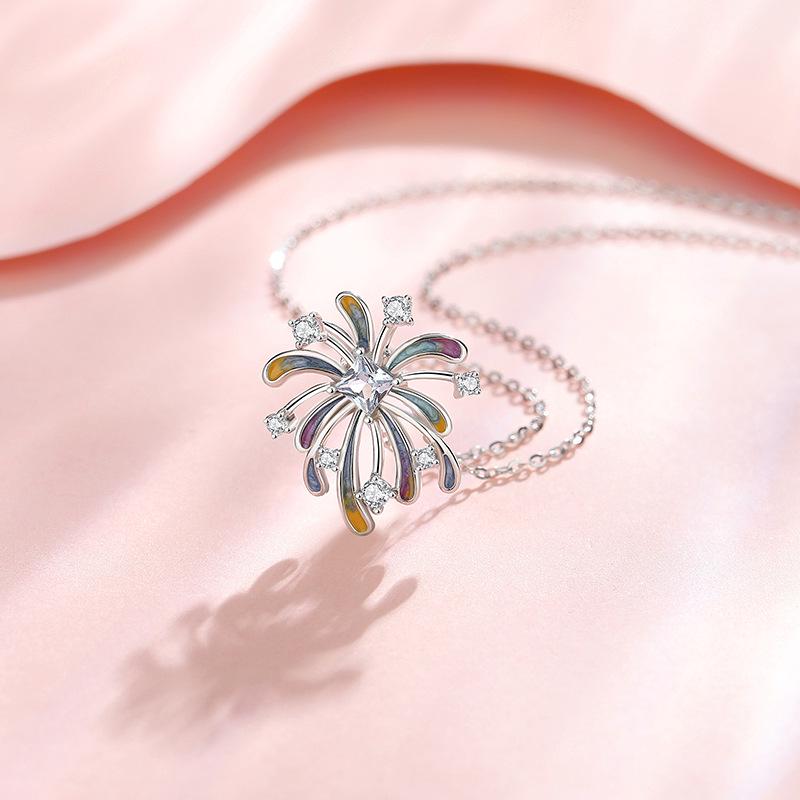 Tichia Luminous Enamel Fireworks Necklace, S925 Sterling Silver Clavicle Chain for Women S925 Silver