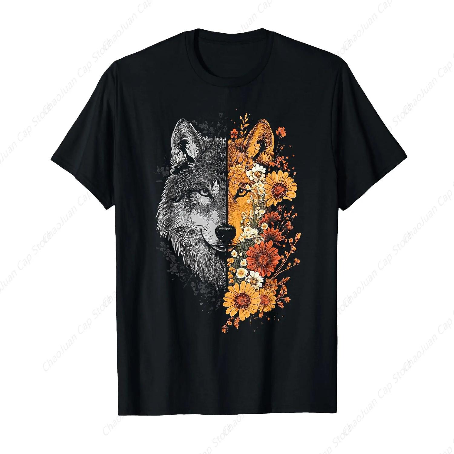 twoface Wolf of Odin with flowers Wolves Face viking T-Shirt S чёрный