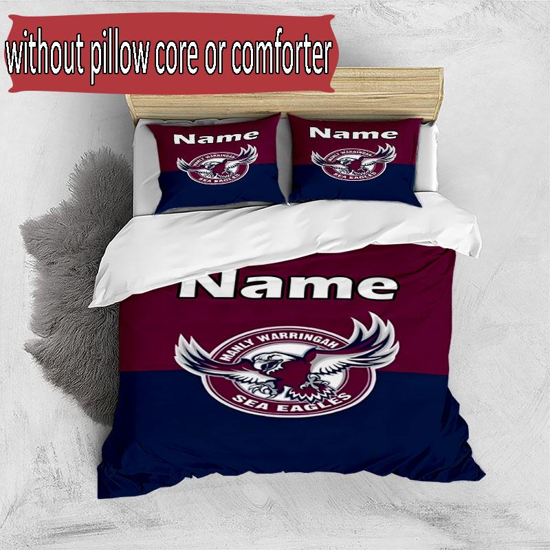 3pcs Duvet Cover Set (1*Duvet Cover + 2*Pillowcase, Without Core), Custom Name Manly Warringah Sea Eagles Pattern Bedding Set, Home Bedroom Decor Gift