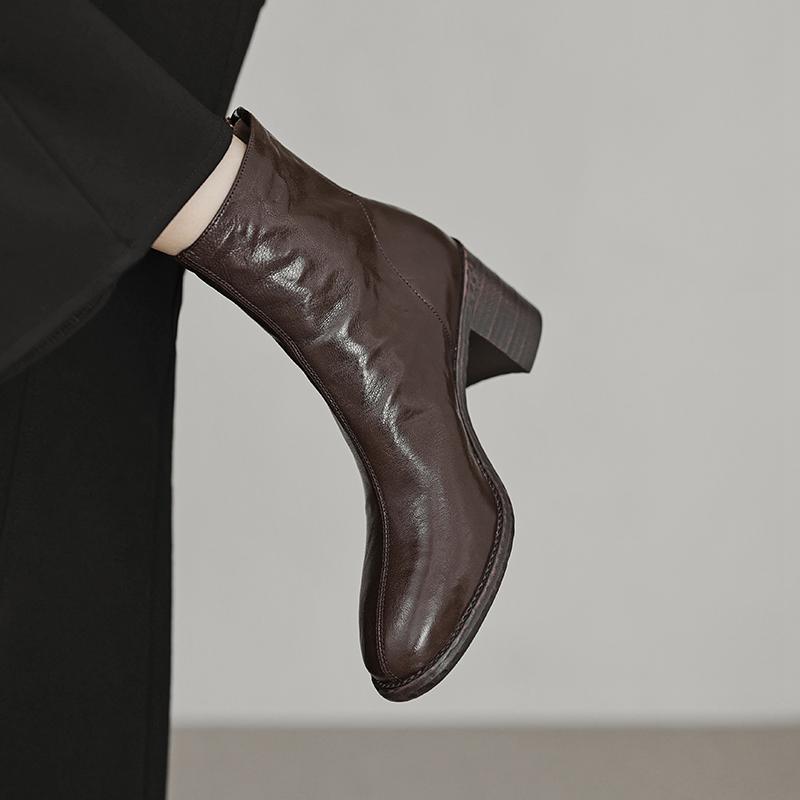 Krazing Pot Îmbrăcăminte de bază Piele de oaie Toamnă Iarnă Pantofi Tocuri groase Cizme Chelsea Vârf rotund Păstrează cald Botine cu fermoar