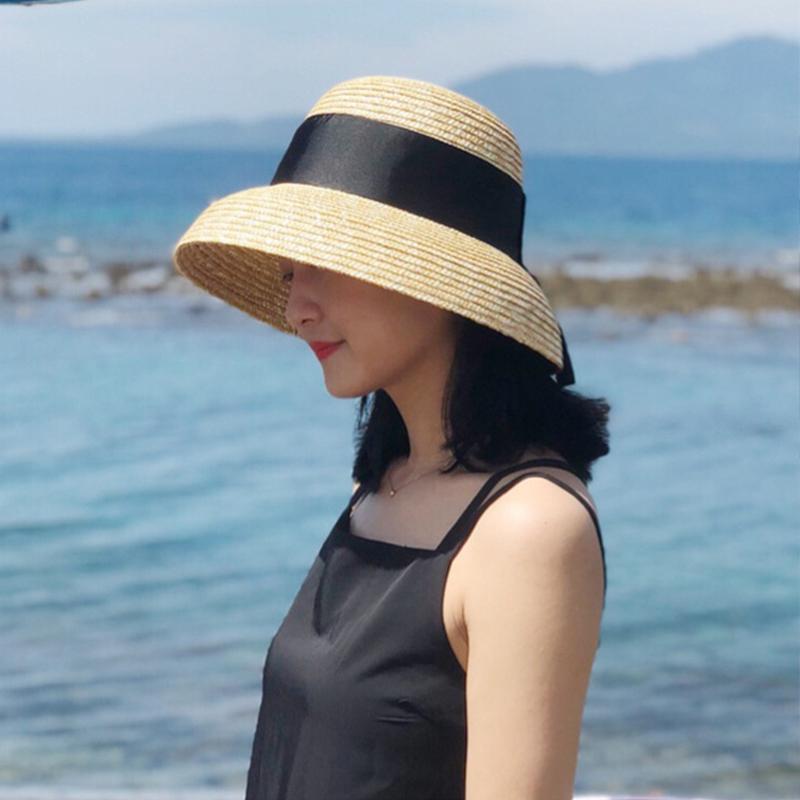 French Curved Brim Natural Straw Straw Hat Summer Handmade Large Brim Pot Hat Outing Holiday Hat Round Top Street Photography