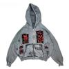 ZYLLO American Printed Imitation Washing Imitation Denim Zipper Hoodie Sweatshirt Jacket Cardigan Same Style Loose Large Size