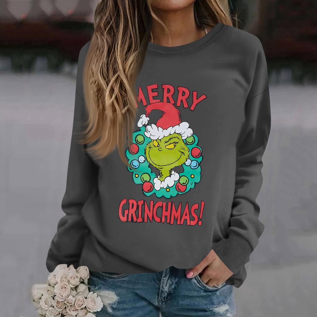 Women's Fashion Casual Long Sleeve Solid Color Christmas Printed Round Neck Top Sweatshirt