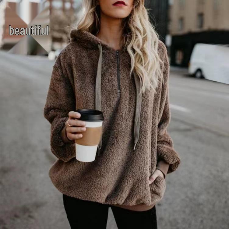 European & American Style Women's Hooded Fleece Sweatshirt Jacket