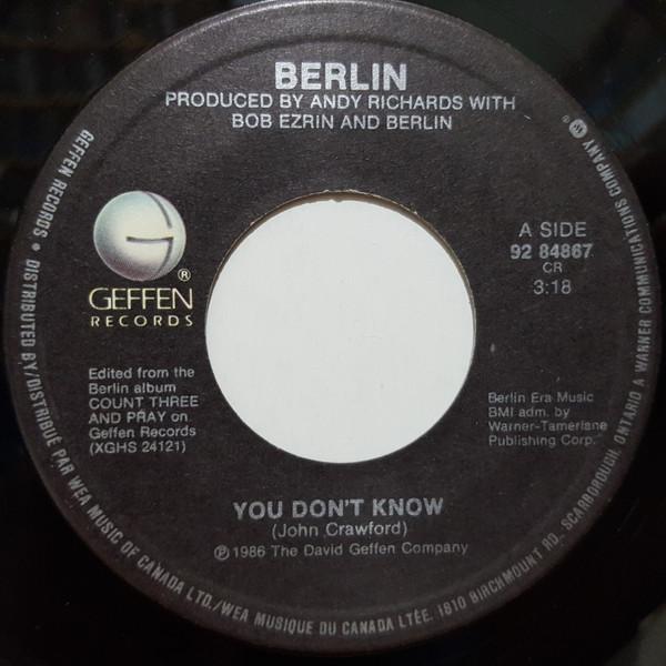 

7inch Record BERLIN You Dont Know 9284867 Geffen Records 1986 Canada Dance Electronica Used