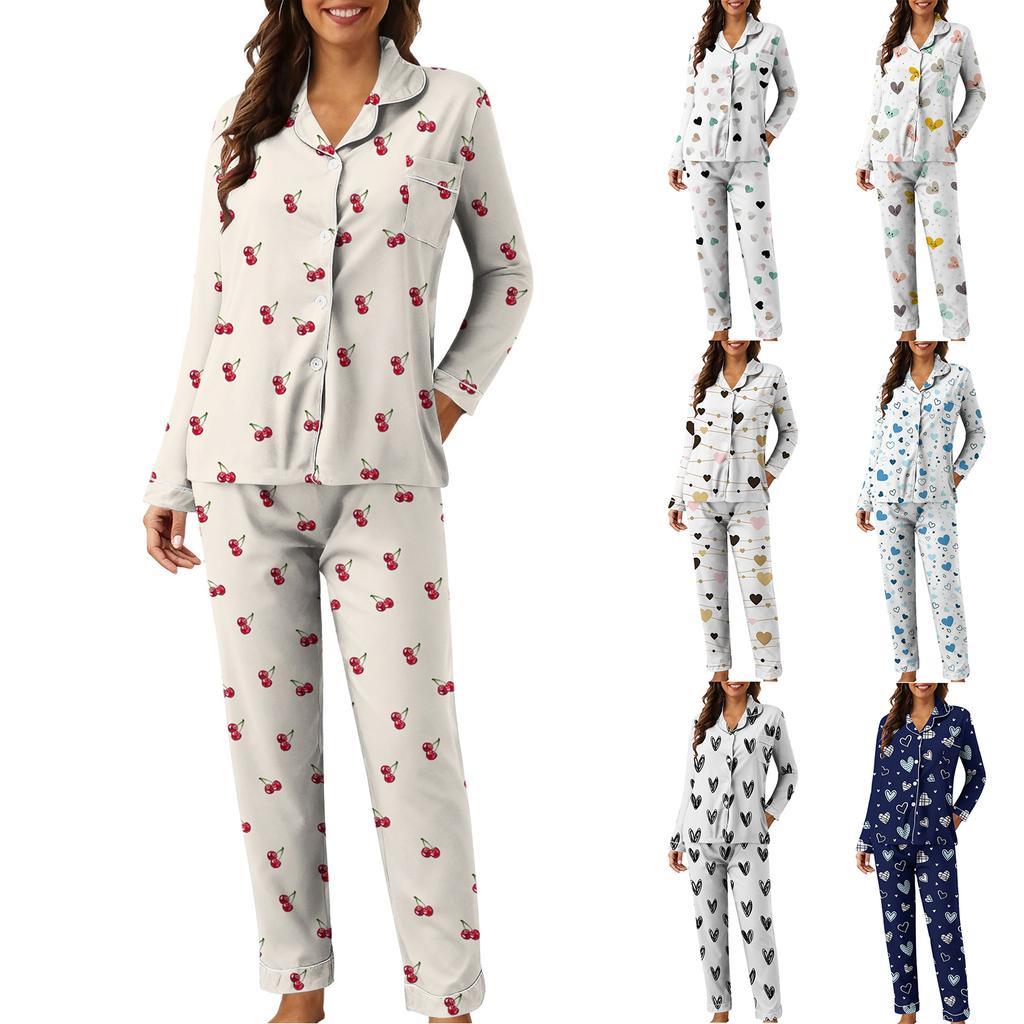 Women's Casual Fashion Heart Print Long-Sleeved Top And Trousers Homewear Set